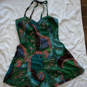 Supercute Peacock Print Halter Romper with pockets!
